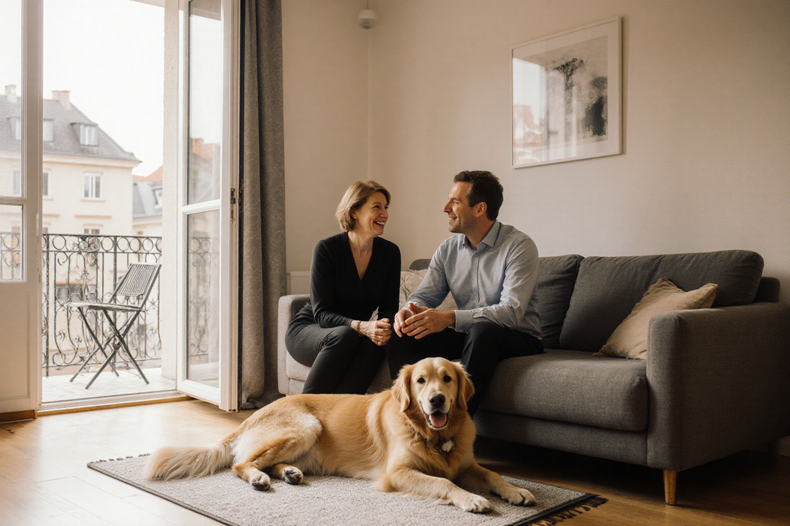 Paar mit Hund in einer hellen Wiener Wohnung mit Balkonzugang